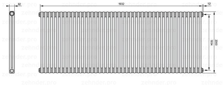 Схема (чертеж) Радиатор Zehnder Charleston 2200/42 №7610 Белый глянцевый RAL 9016